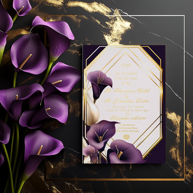 Invitation En Aluminium Elégant Royal violet et or Calla Lily Mariage (Modern Sleek Royal Purple Calla Lily Gold Foil Script Wedding Invitation )