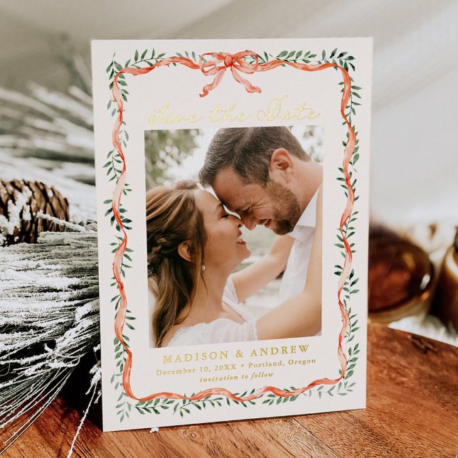 Invitation En Aluminium Élégant ruban rouge vert Photo Enregistrer la date (Créateur téléchargé)