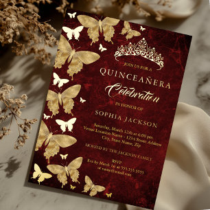 Invitation En Aluminium Elégant rubis rouge or papillon Quinceanera