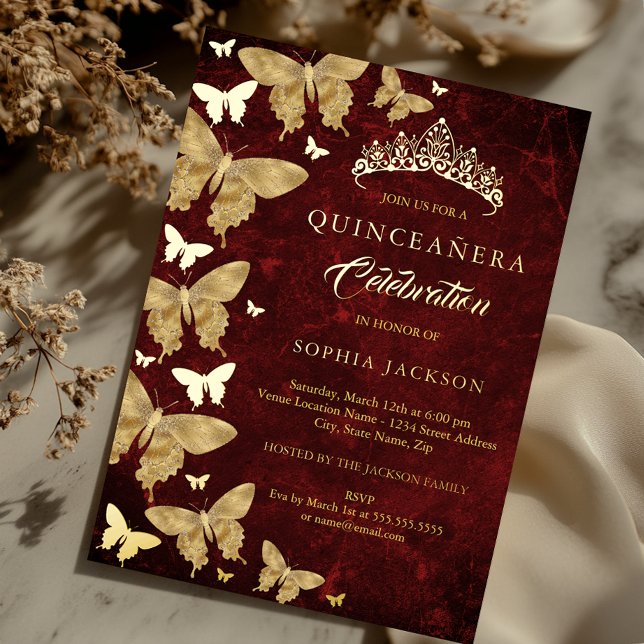 Invitation En Aluminium Elégant rubis rouge or papillon Quinceanera (Créateur téléchargé)
