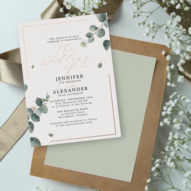 Invitation En Aluminium Élégant Rustique Écriture Eucalyptus Mariage Rose (Créateur téléchargé)