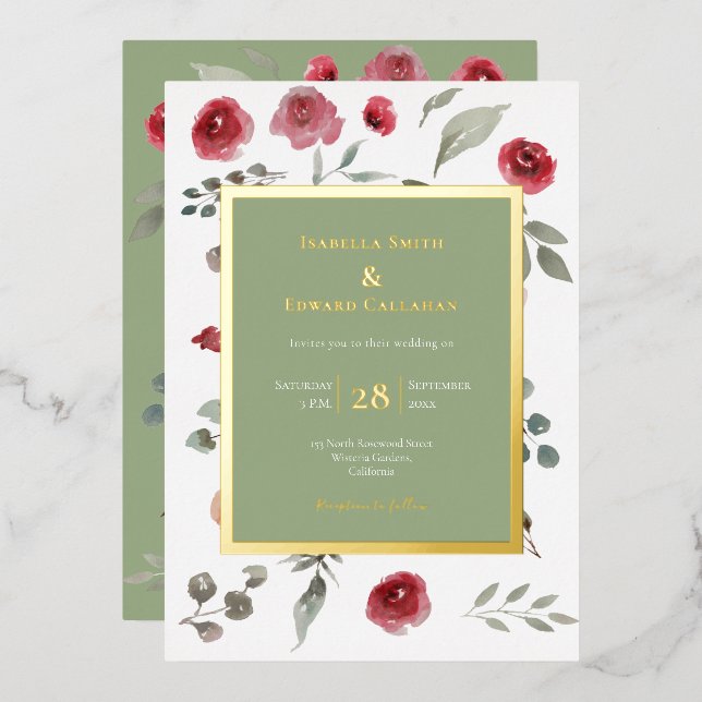 Invitation En Aluminium Elégant Sage Green Feuille Bourgogne Rose Gold (Recto/Verso)