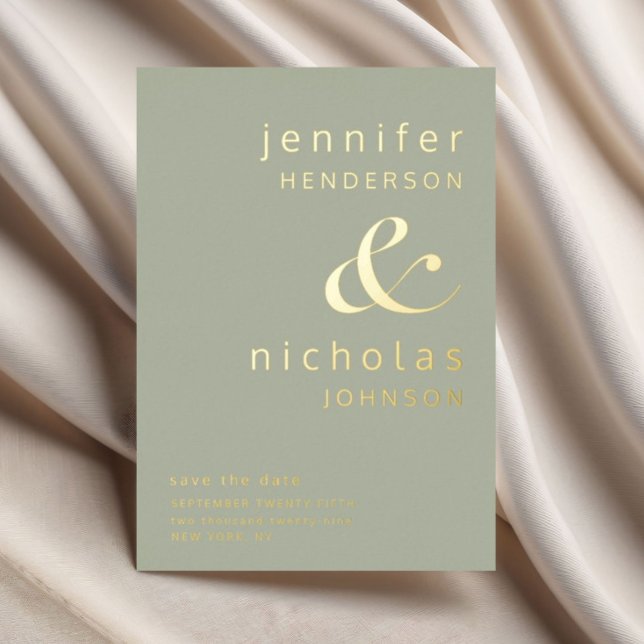 Invitation En Aluminium Elégant Sage Green Mariage Enregistrer La Date Or (Elegant Sage Green Wedding Save The Date Gold Foil Invitation)