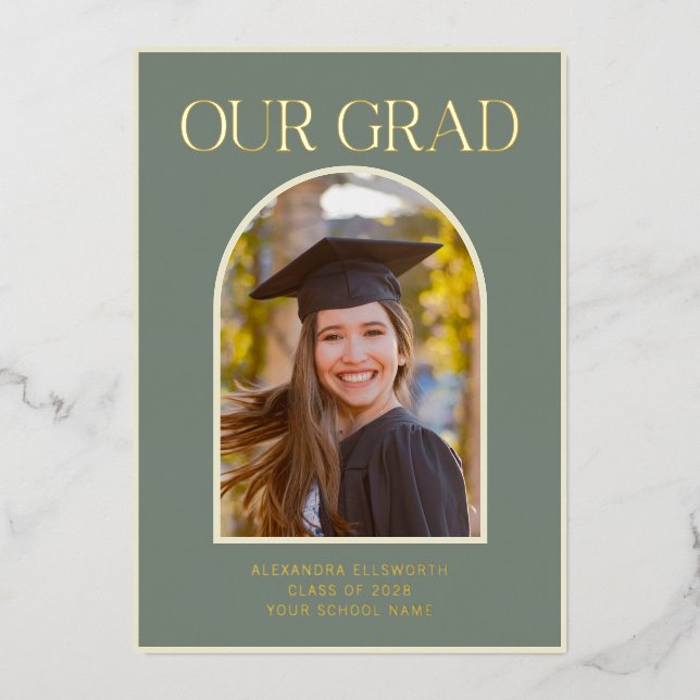 Invitation En Aluminium Elégant Sage Green Photo Graduation Party Gold (Recto)
