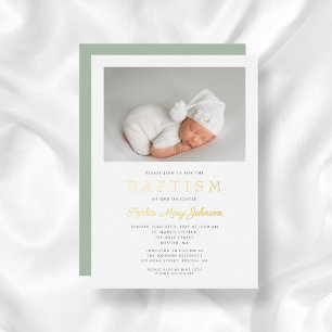 Invitation En Aluminium Elégant Sage Green Photos Baptism Or