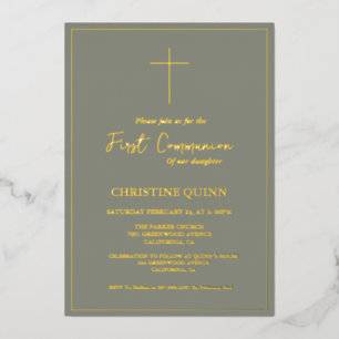 Invitation En Aluminium Élégant Sage Vert et Or Première Sainte Communion