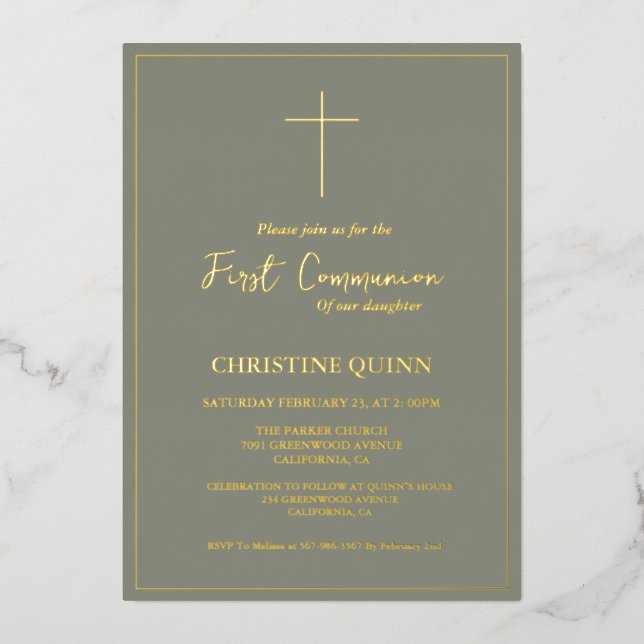 Invitation En Aluminium Élégant Sage Vert et Or Première Sainte Communion (Recto)