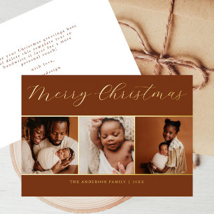 Invitation En Aluminium Élégant Script 3 Photo Beige Chocolat Noël