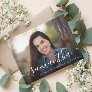 Invitation En Aluminium Élégant Script 3 Photo Marine Blue Graduation Gold