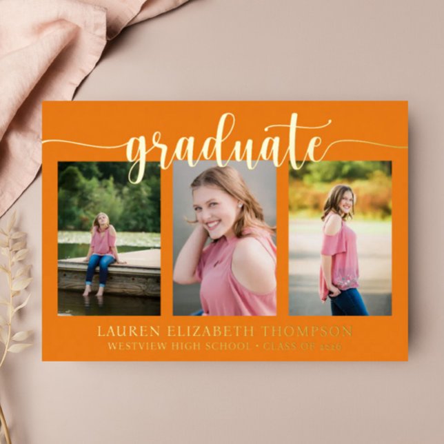 Invitation En Aluminium Élégant Script 3 Photo Orange Graduation Gold Foil (Créateur téléchargé)