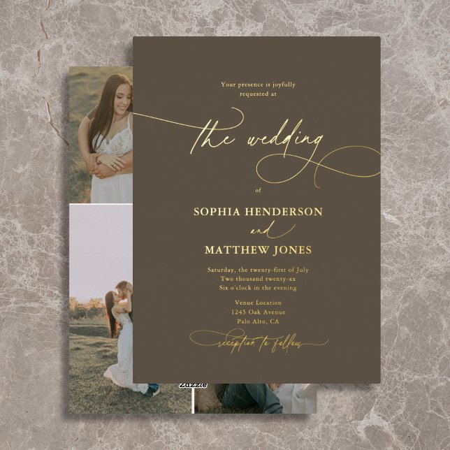 Invitation En Aluminium Élégant Script 4 Photo Mariage Marron (Créateur téléchargé)
