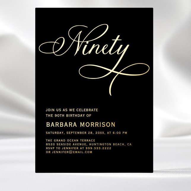Invitation En Aluminium Élégant Script 90 Black Gold 90e anniversaire (Créateur téléchargé)