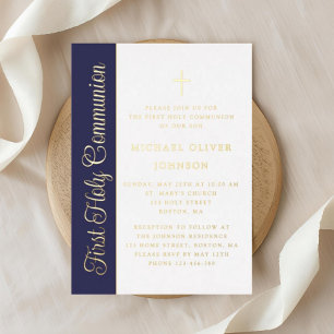 Invitation En Aluminium Élégant Script Bleu Marine Garçon Première Communi