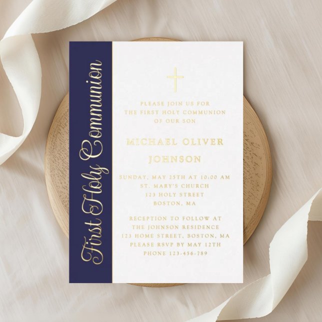 Invitation En Aluminium Élégant Script Bleu Marine Garçon Première Communi (Elegant Script Navy Blue Boy First Communion Gold Foil Invitation)