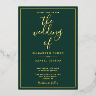 Invitation En Aluminium Élégant Script Emerald Green Mariage Gold