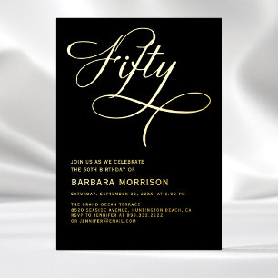 Invitation En Aluminium Élégant Script Fifty Noir Or 50e Anniversaire
