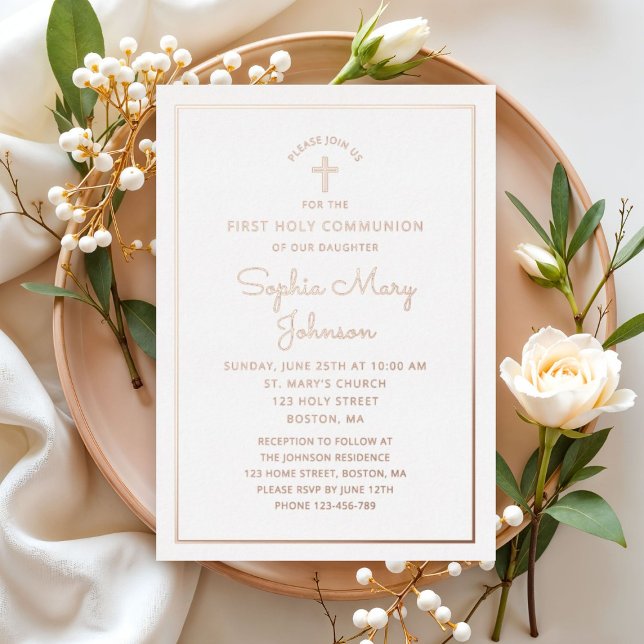 Invitation En Aluminium Élégant Script First Communion Rose Gold (Elegant Script First Communion Rose Gold Foil Invitation)