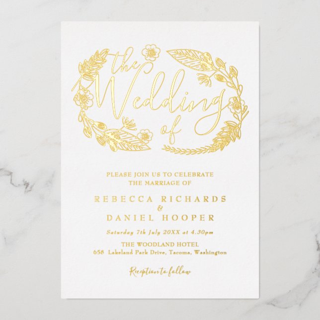 Invitation En Aluminium Élégant Script Foliage Mariage Gold Foil Invitatia (Recto)