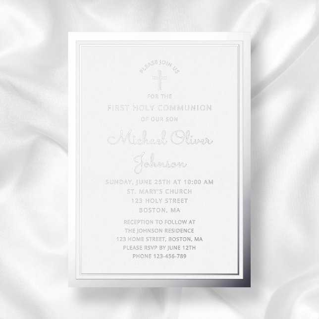 Invitation En Aluminium Élégant Script Garçon Première Communion Argent (Elegant Script Boy First Communion Silver Foil Invitation)