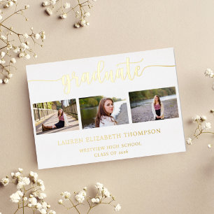 Invitation En Aluminium Élégant Script Graduation 3 Photo Gold