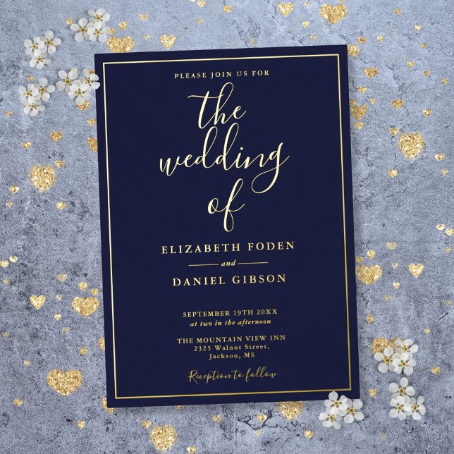 Invitation En Aluminium Élégant Script Marine Blue Mariage Gold Foil (Elegant Script Navy Blue Wedding Gold Foil Foil Invitation)