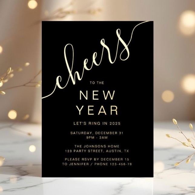 Invitation En Aluminium Élégant Script Nouvelle Année Fête Or (Elegant Script New Year's Eve Party Gold Foil Invitation)