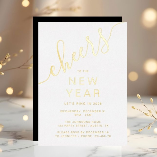 Invitation En Aluminium Élégant Script Nouvelle Année Party Or (Elegant Script New Year Party Gold Foil Invitation)