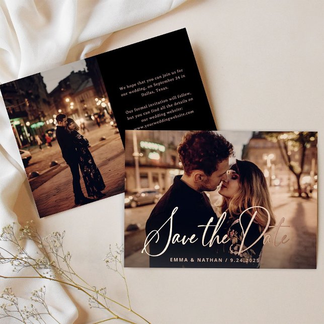 Invitation En Aluminium Élégant script or Rose | Photo Enregistrer la date (An elegant, real rose gold foil save the date card with two photos)