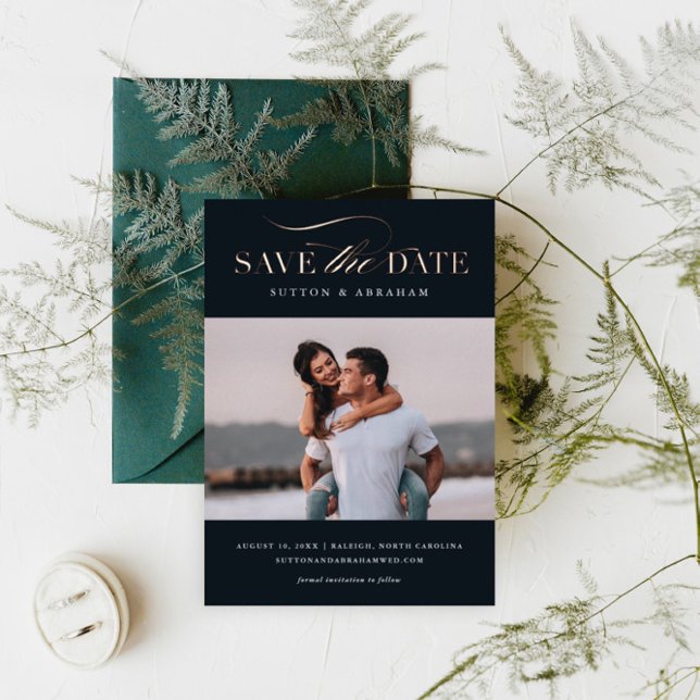 Invitation En Aluminium Élégant Script Photo Enregistrer la Date Rose Gold (Créateur téléchargé)