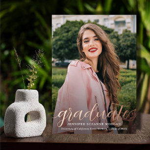 Invitation En Aluminium Élégant Script Photo Graduation Rose Gold