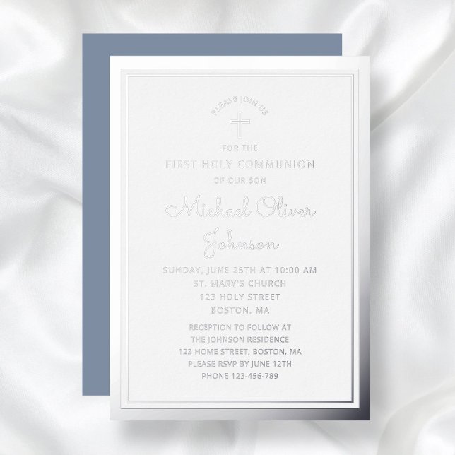 Invitation En Aluminium Élégant Script Première Communion Argent (Elegant Script First Communion Silver Foil Invitation)