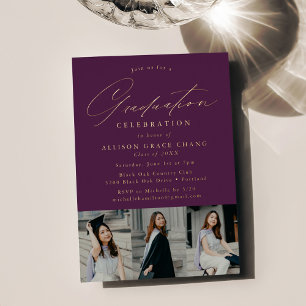 Invitation En Aluminium Élégant Script Purple 3 Photo Graduation Party