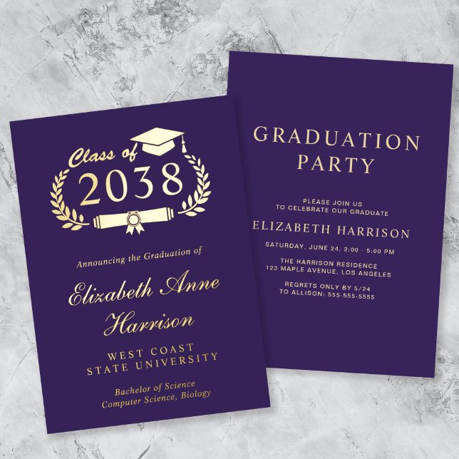 Invitation En Aluminium Élégant Script Purple College Graduation Party (An elegant foil graduation party invitation to celebrate the graduate's achievements)