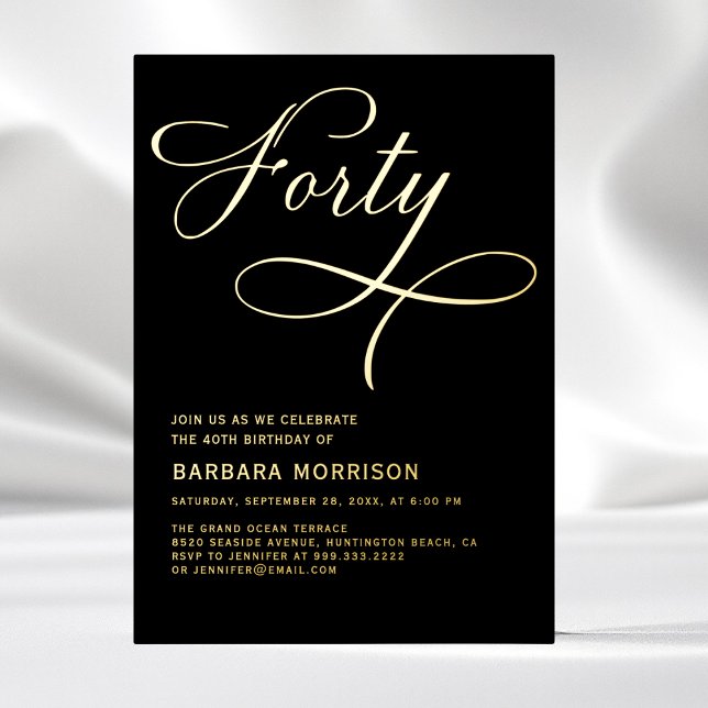 Invitation En Aluminium Élégant Script Quarante Noir Or 40e Anniversaire (Créateur téléchargé)