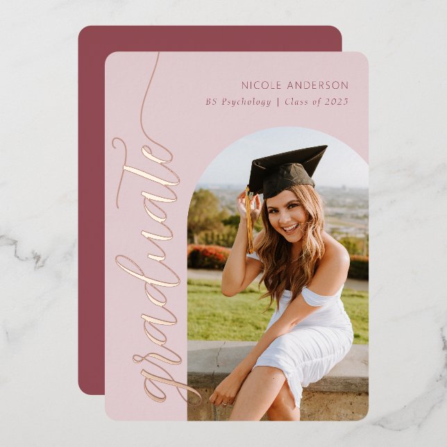Invitation En Aluminium Élégant Script Rose Pink Graduation Arch Photo (Recto/Verso)