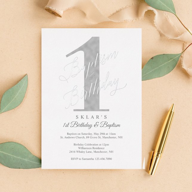 Invitation En Aluminium Élégant Script Silver Baby 1er Anniversaire & Bapt (Elegant Script Silver Baby 1st Birthday & Baptism Foil Invitation)