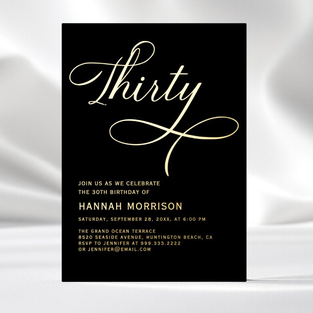 Invitation En Aluminium Élégant Script Thirty Noir Or 30e Anniversaire (Créateur téléchargé)