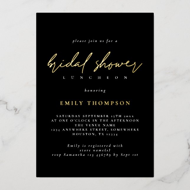 Invitation En Aluminium Élégant Script Véritable Feuille D'or Noir Bridal  (Recto)