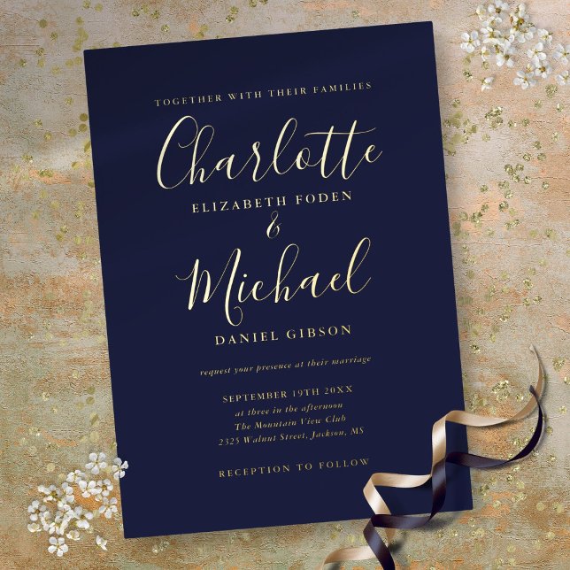 Invitation En Aluminium Élégant Signature Script Marine Blue Mariage Gold (Elegant Signature Script Navy Blue Wedding Gold Foil Invitation)