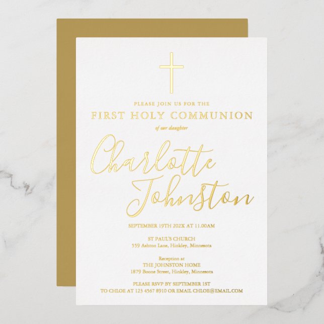 Invitation En Aluminium Élégant Signature Script Première Communion sainte (Recto/Verso)