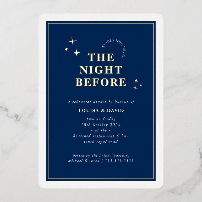 Invitation En Aluminium ELEGANT simple étoiles répétition dîner marine ble (Recto)