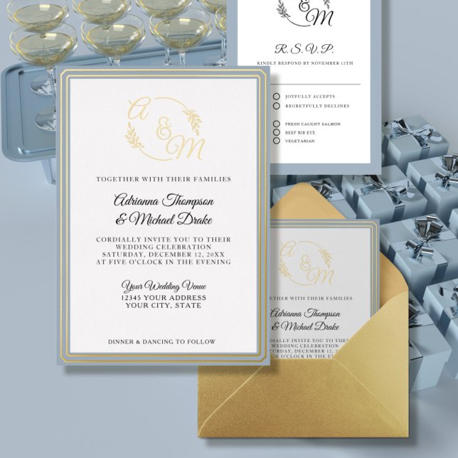 Invitation En Aluminium Élégant simple moderne Dusty Blue Gold Mariage (Créateur téléchargé)