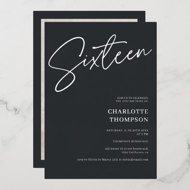 Invitation En Aluminium Elégant simple moderne gris photo Sweet 16 argent (Recto/Verso)