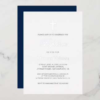 Invitation En Aluminium Élégant Simple Navy Bleu argent Croix Baptême