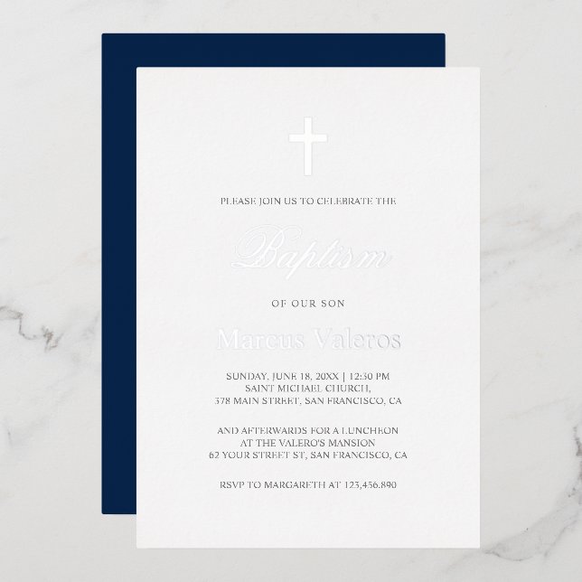 Invitation En Aluminium Élégant Simple Navy Bleu argent Croix Baptême (Recto/Verso)