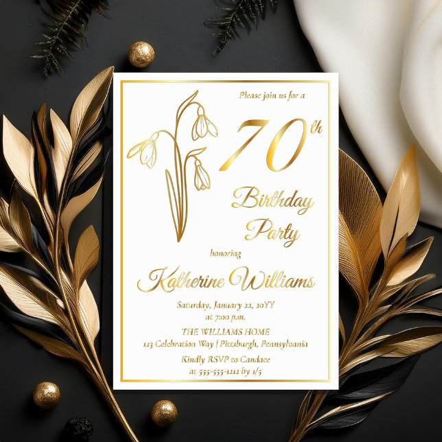 Invitation En Aluminium Élégant Snowdrops 70ème anniversaire fête bloquée (Elegant January Birth Month Snowdrops Floral "70th Birthday Party" Stamped Gold Foil Invitations)