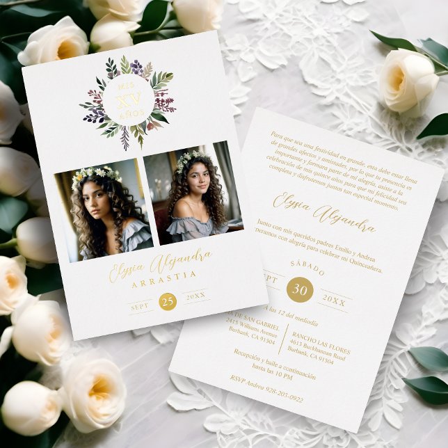 Invitation En Aluminium Elegant Stylish CIrcular Shape Mis XV años Floral  (Spanish Elegant Modern Stylish Shape Mis XV años Floral Anagram 2 Photos Collage.)