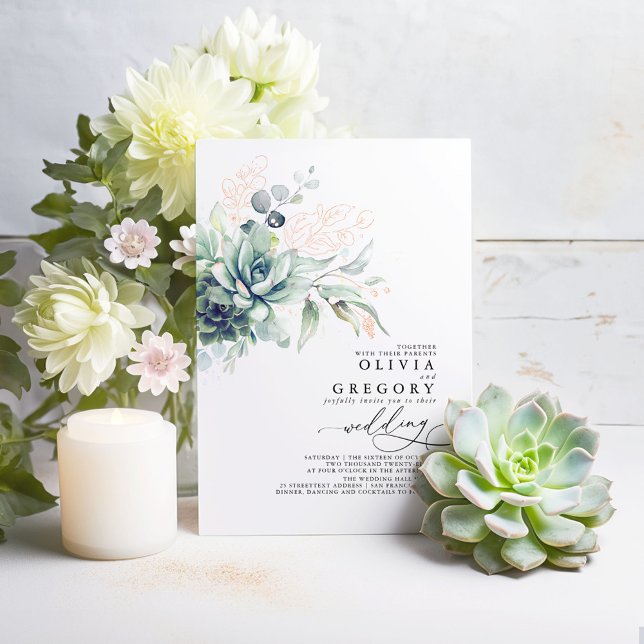 Invitation En Aluminium Elégant Succulents et Rose Gold Greenery Mariage (Succulents and Rose Gold Greenery Real Foil Wedding Invitations)