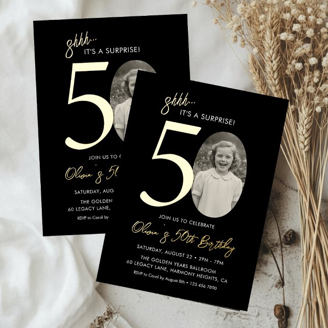 Invitation En Aluminium Elegant Surprise 50th Birthday Black and Gold (Créateur téléchargé)