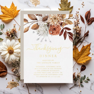 Invitation En Aluminium Elégant Taupe Automne Floral Thanksgiving Diner Or